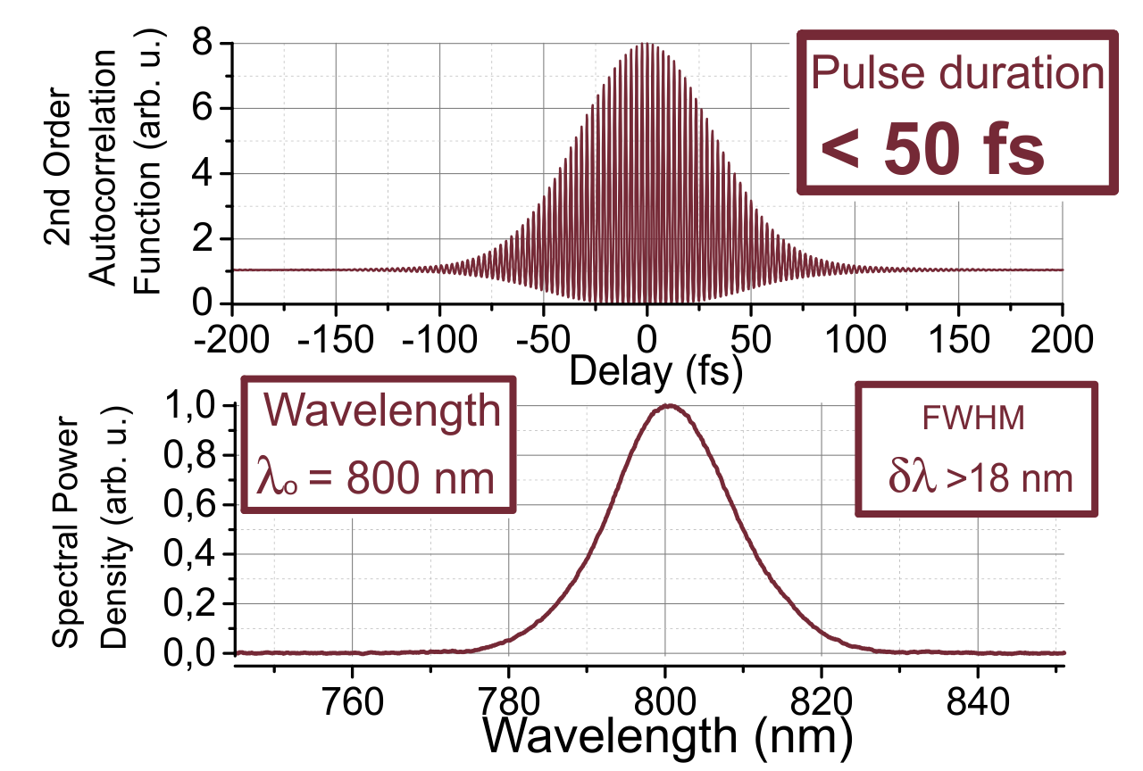 Spectral power density and autocorrelation trace typical of laser pulses emitted by TiF-50