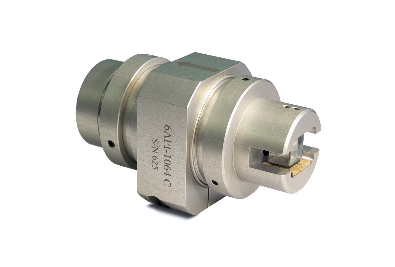 The 6AFI-1064C robust Faraday isolator unit with protective cap removed from the input Glan polarizer