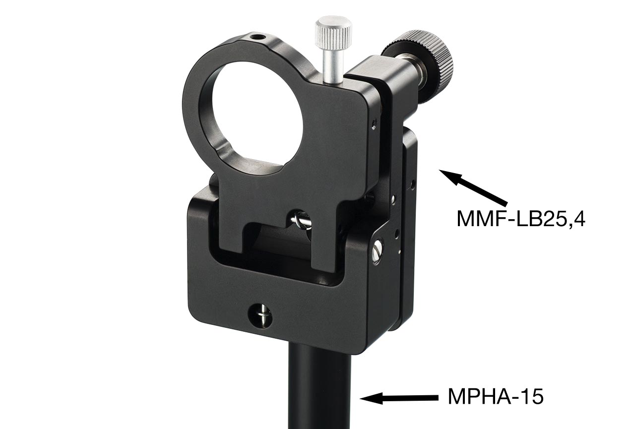 MMF-LB. Средний откидной юстируемый держатель для оптики с винтами с круглыми ручками, левый. На дюралевом установочном стержне Ф15 мм
