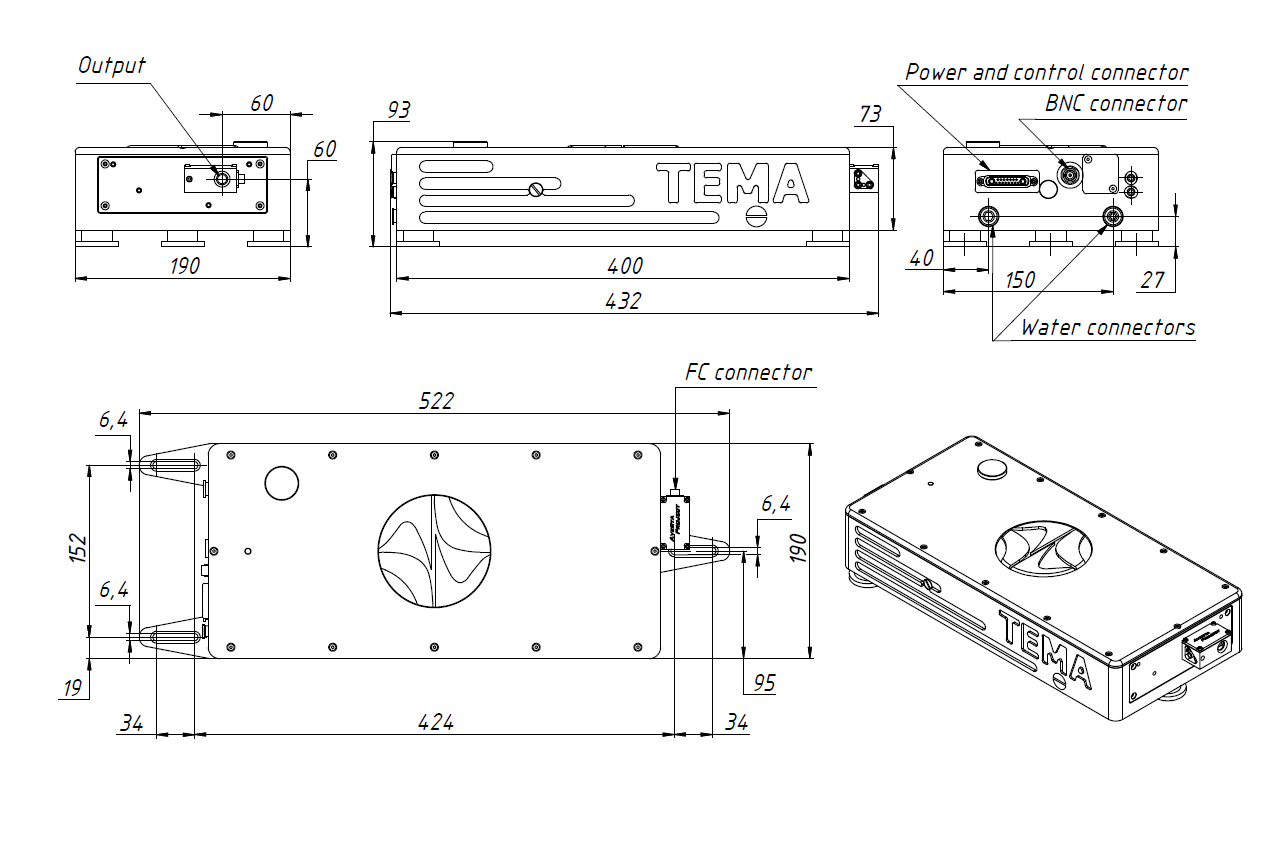 Dimensional drawing of TEMA-100/150 laser optical head