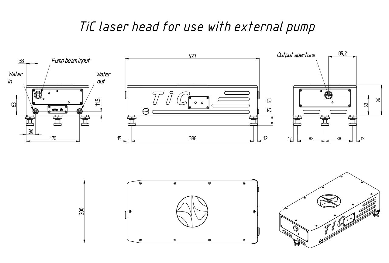 Dimensional drawing of TiC laser designed for use with an external DPSS pump laser