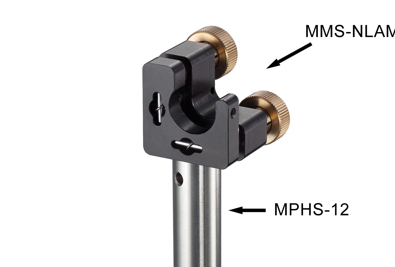 MMS-NLAM. Малый юстируемый держатель для оптики с прорезью, с потайными винтами с фиксацией, левый. На стальном установочном стержне Ф12 мм