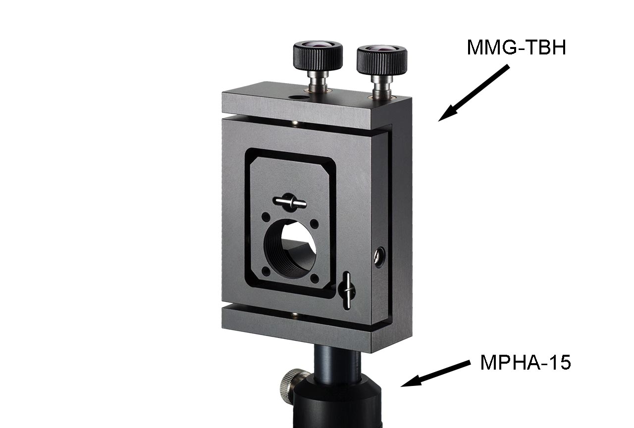 MMG-TH. Шарнирный регулируемый держатель для оптики с винтами с круглыми ручками. На установочном модуле MPHa-15