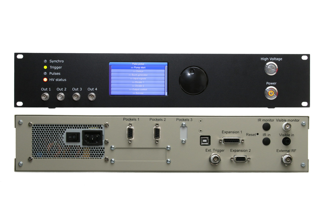 Front and rear panels of the OG series multifunctional control unit (delay generator, power supply, optical and electric RF sync input, trigger signals, stand-alone and USB-controlled operation)